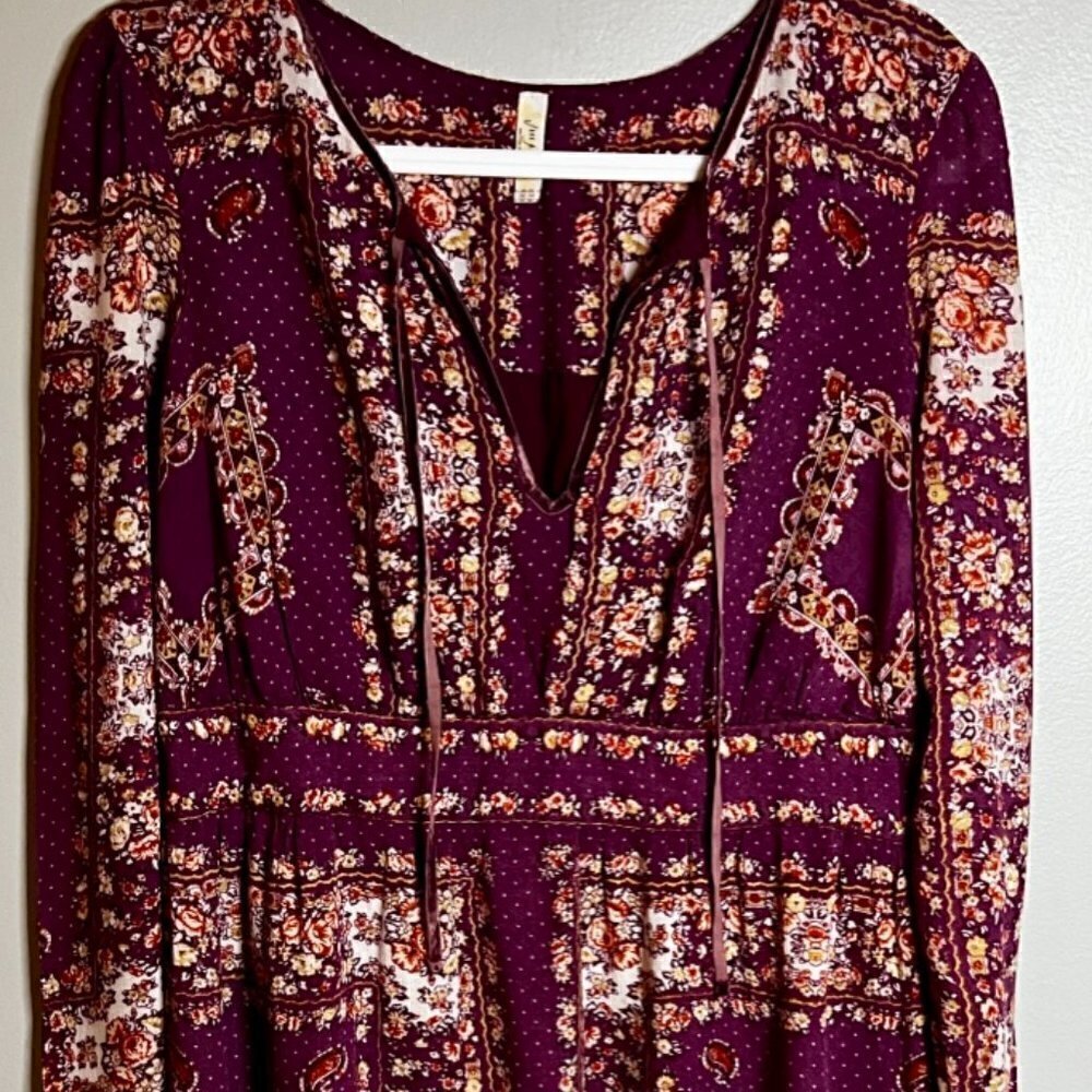 Free People LS Floral Dress Curved Hem V Neck Lace Up Size M